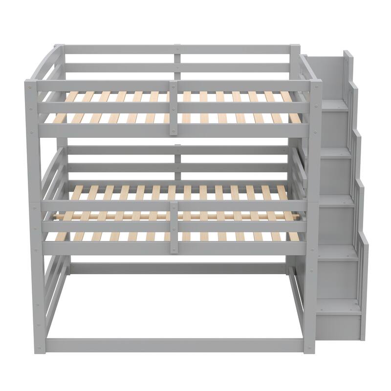 Triple Bunk Bed Twin Size Floor Bed with Storage Staircase