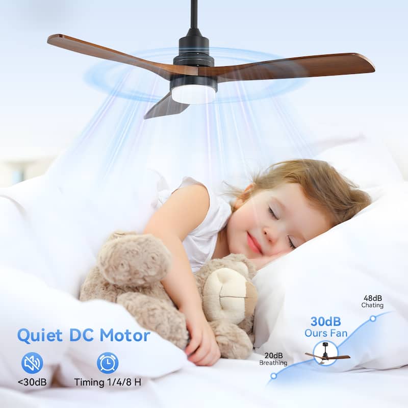 52" Solid Wood Noiseless 3-Blade Ceiling Fans with Dimmable LED Light Optional and Remote, 6-Speed Reversible DC Motor