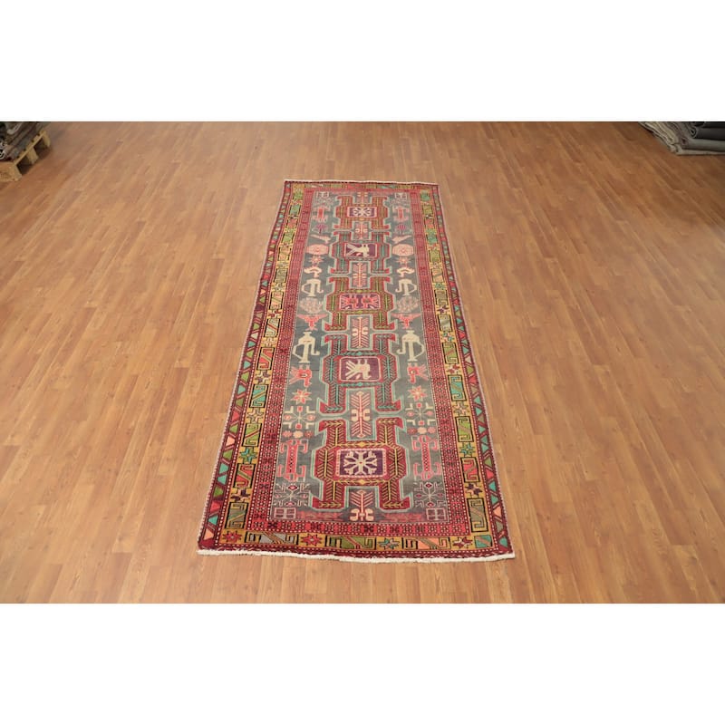 Hand Knotted Oriental 100% Wool Carpet Traditional Tribal Greys & Charcoal Meshkin Runner Rug - 10' 1'' X 4' 0''