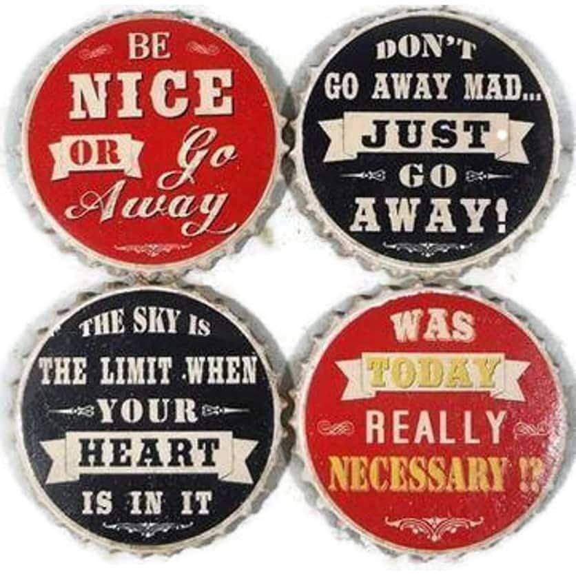 Funny Sayings Be Nice Go Away Sky is Limit Bottle Cap Shaped Coasters Set of 4 - Red,Black