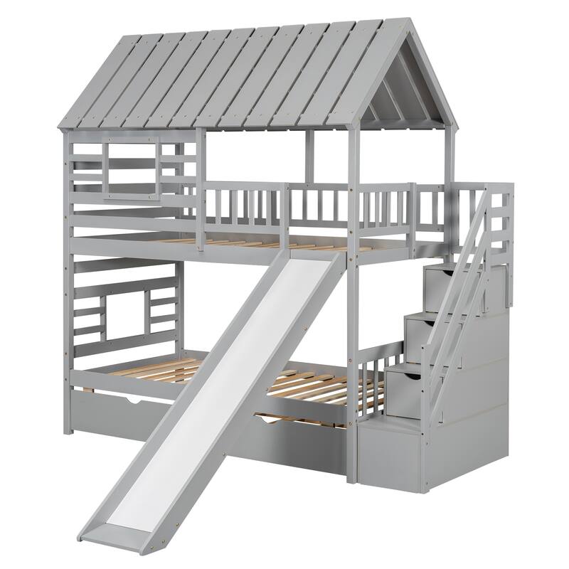Twin House Bunk Bed with Trundle, Slide, Roof, and Window Design
