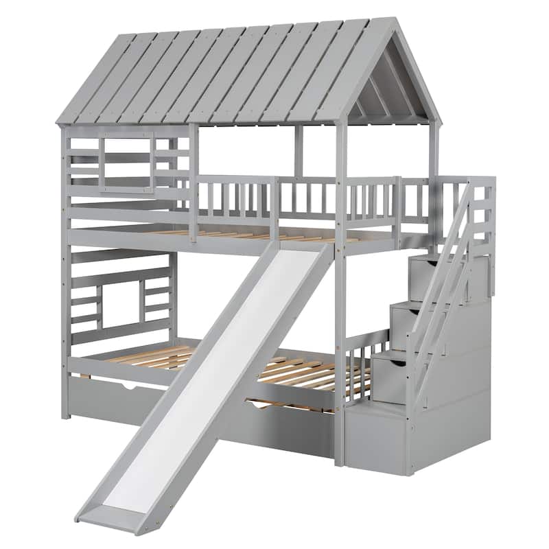 Twin over Twin House Bunk Bed with Trundle & Slide, Storage Staircase