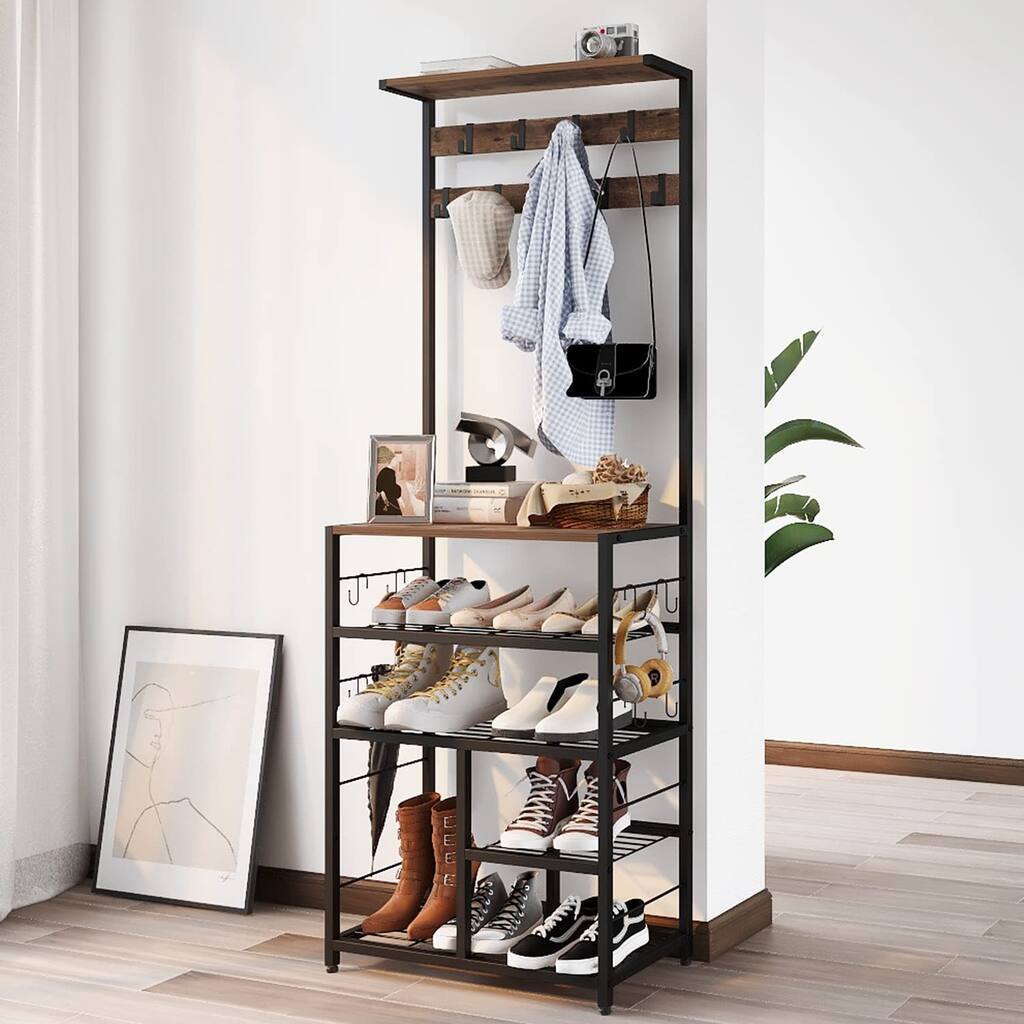 Vintage Large 5-Tier Hall Tree with Console Table Entryway Coat Rack Freestanding Shoes Rack Storage Shelf Organizer