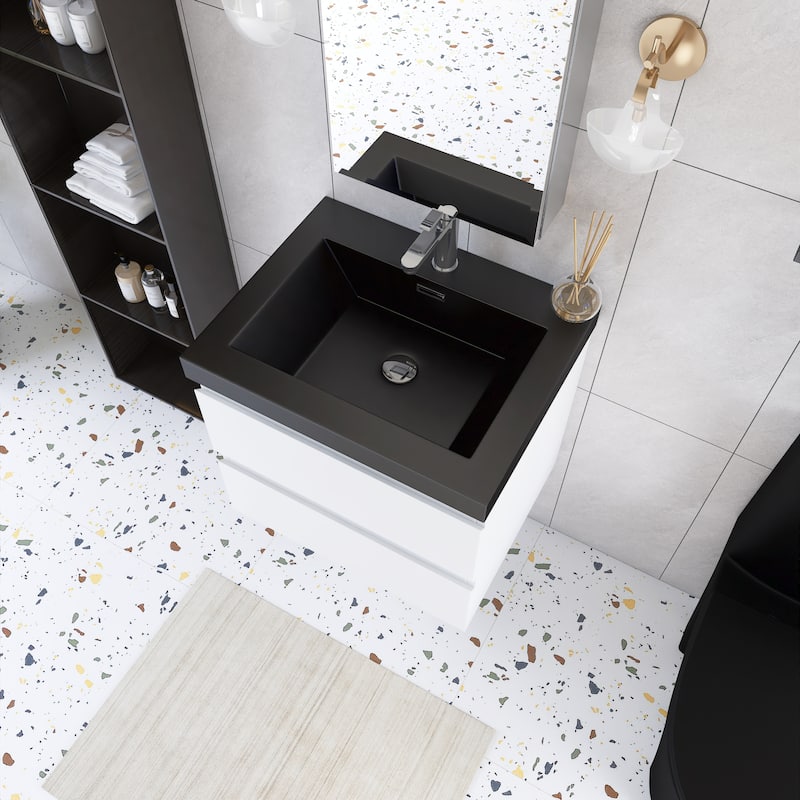 24/30/36 inch Wall-Mounted Bathroom Vanity Set in White with Integrated Black Resin Sink