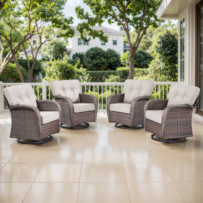 TWrap Brown Wicker Patio Swivel Glider Chairs with 5-Inch Thick Cushions (4-Pack)
