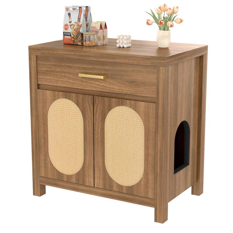 Cat Litter Box Enclosure, Hidden Cat Litter Box Furniture with Scratching Board Doors and Storage Drawer