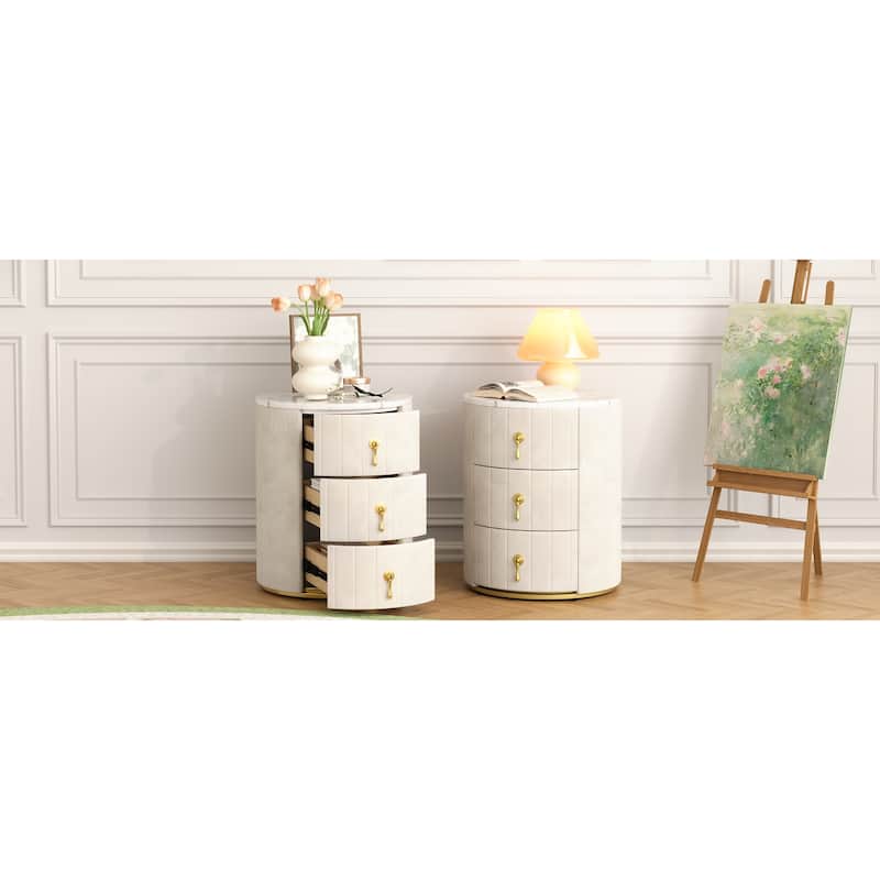 Roomfitters 2-Piece Upholstered Round Nightstands with 3 Drawers, Bedside Tables with Metal Handles and Marble-Pattern Top