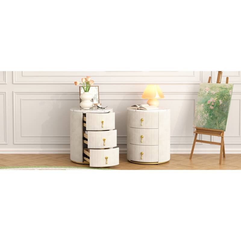 Set of 2 Upholstered 3-Drawer Nightstands - Round Marbling Top Bedside Table (Fully Assembled Except Handles, Beige)
