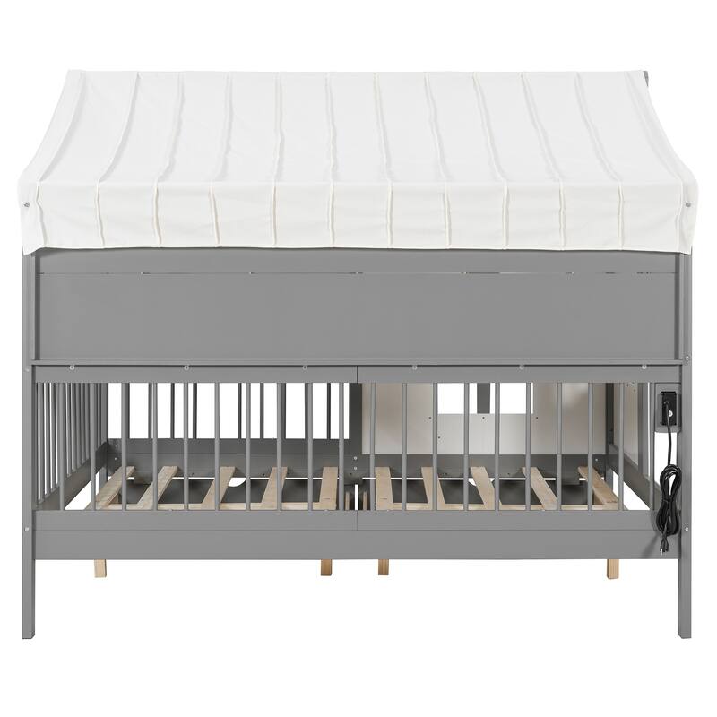 Kids Fence Platform Bed Full Size House Bed with Tent, Bookshelf, Light Strip, Charging Station, Shelves and Storage Drawers