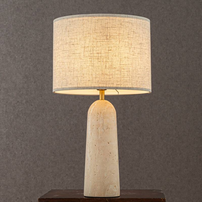 CraftHome 1-Light 21'' Farmhouse Classic Natural Travetine Tapered Table Lamp With Beige Linen Shade For Bedroom - W12'' - W12'' - Natural Travertine