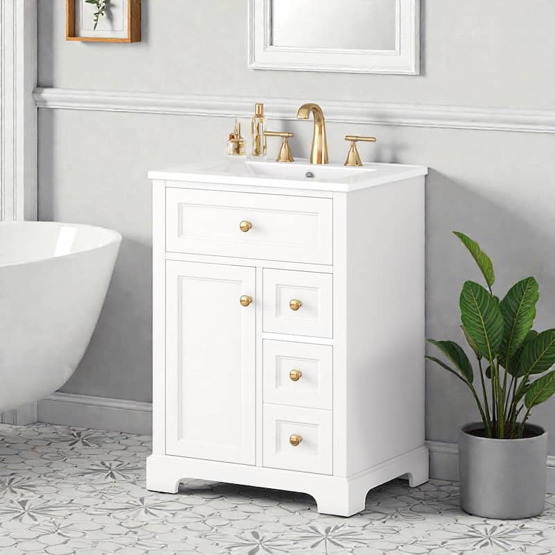 24" Bathroom Vanity with Sink, 3 Drawers and Cabinet with Door Storage Rack, MDF and Pine Wood, Modern Design