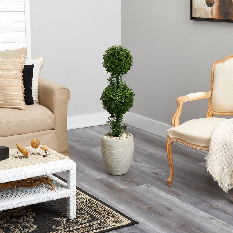 Modern Topiary Tree - 3.5ft Indoor Outdoor Artificial Double Ball Tree in Planter - Green - 41-50 Inches