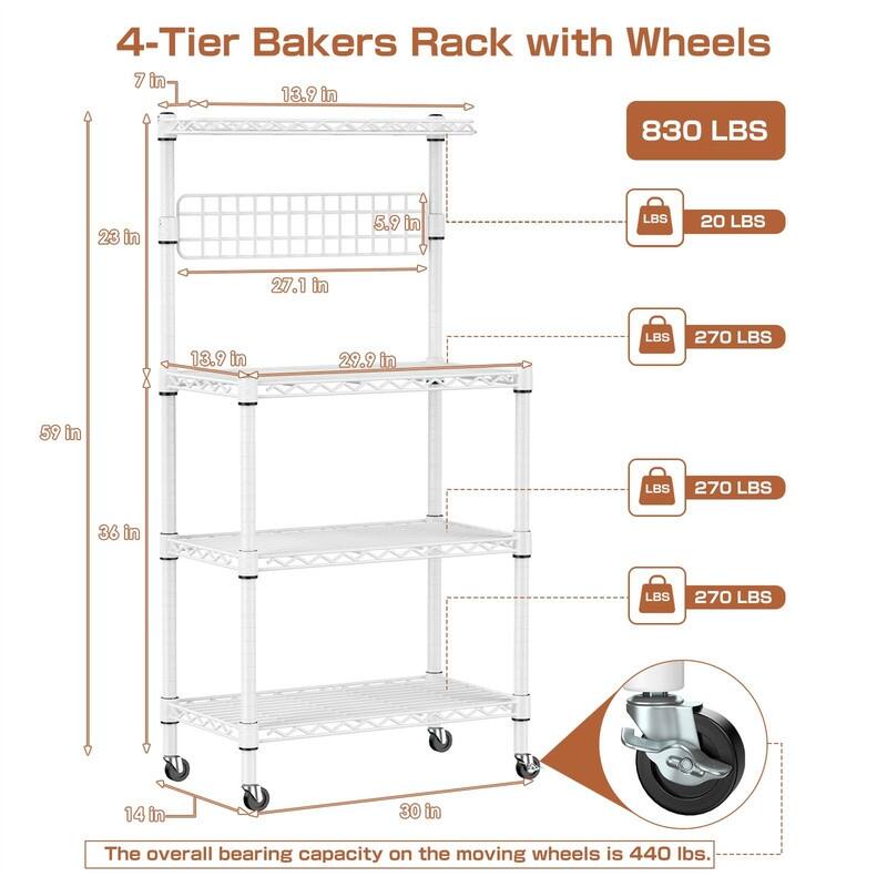 Bakers Rack for Kitchen with Storage - 14"D x 30"W x 59"H