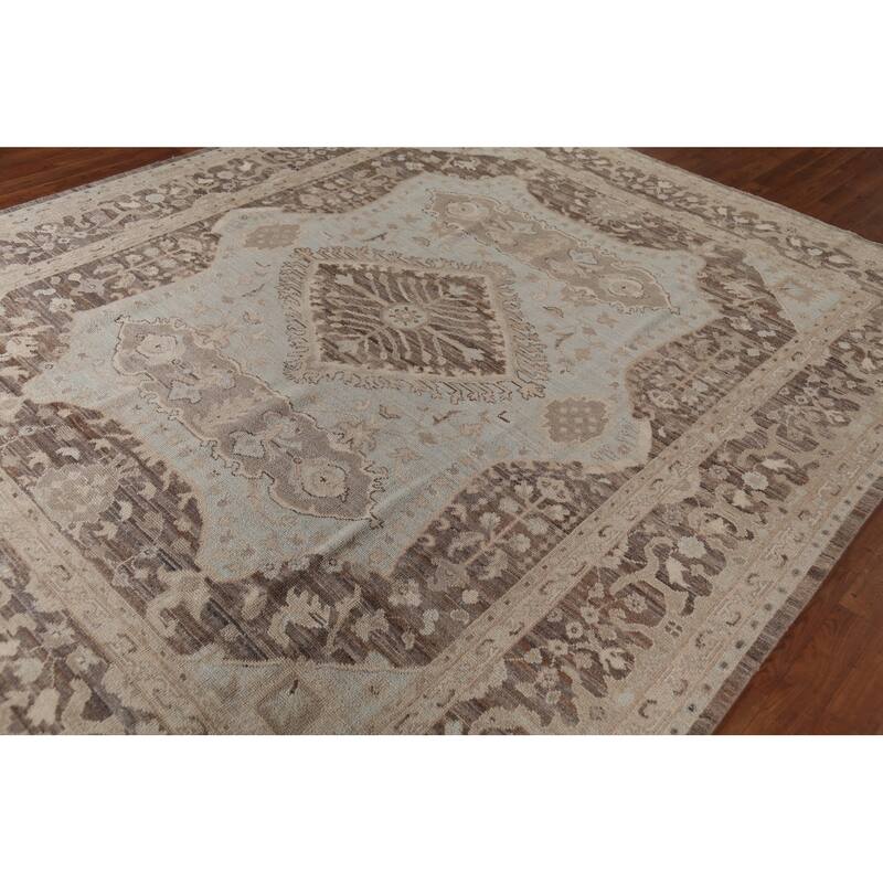 Vegetable Dye Oushak Turkish Area Rug Blue Hand-Knotted Wool Carpet - 8'2"x 9'10"