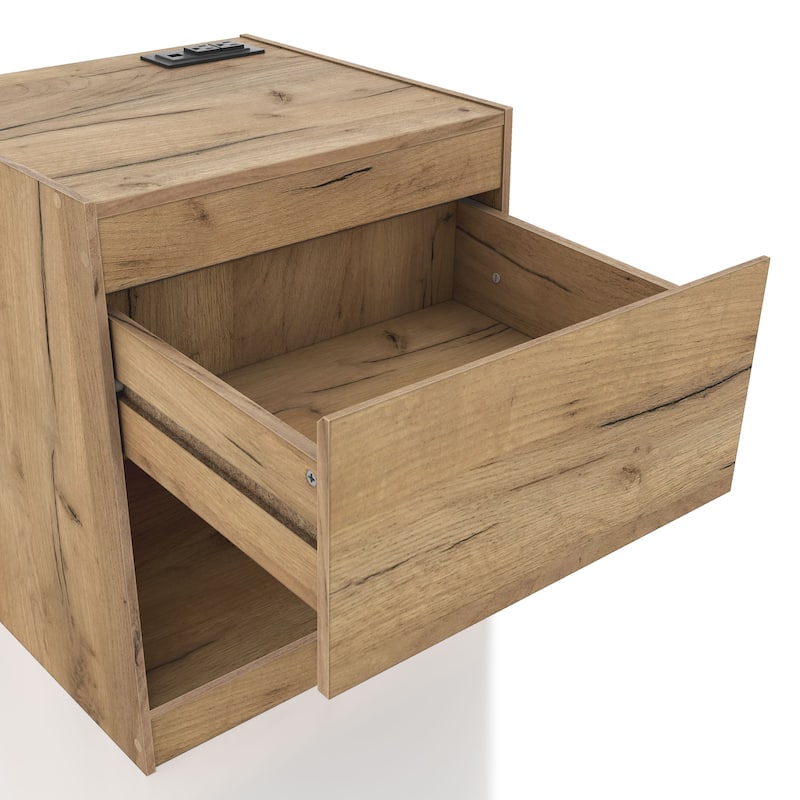 DH BASIC Rustic Light Oak 1-Drawer Nightstand with Charge Stand and Open Shelf by Denhour