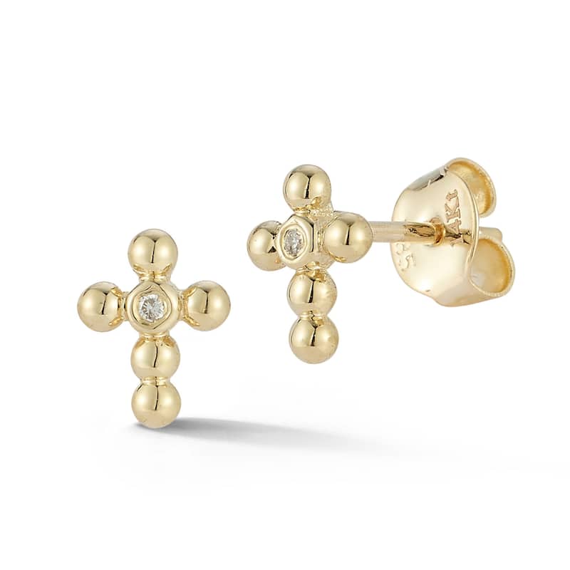 Soleil 14K Gold Diamond Dainty Beaded Cross Studs - Yellow