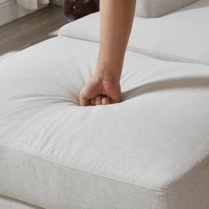 L Shaped 3 Seats Sofa with Armrest Organizer, Linen Sectional Sofa with Movable Ottoman, Comfy Upholstered 3 Seater Couch,