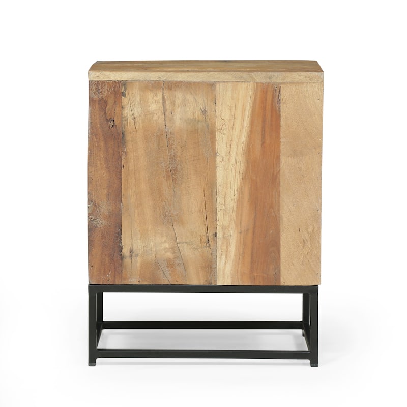 Roomfitters Rustic Bedside Table, Reclaimed Wood Nightstand with Chevron Door Design and Metal Base, Natural