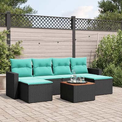 vidaXL 7 Piece Patio Sofa Set with Cushions Black Poly Rattan - 21.7" x 24.4" x 27.2"