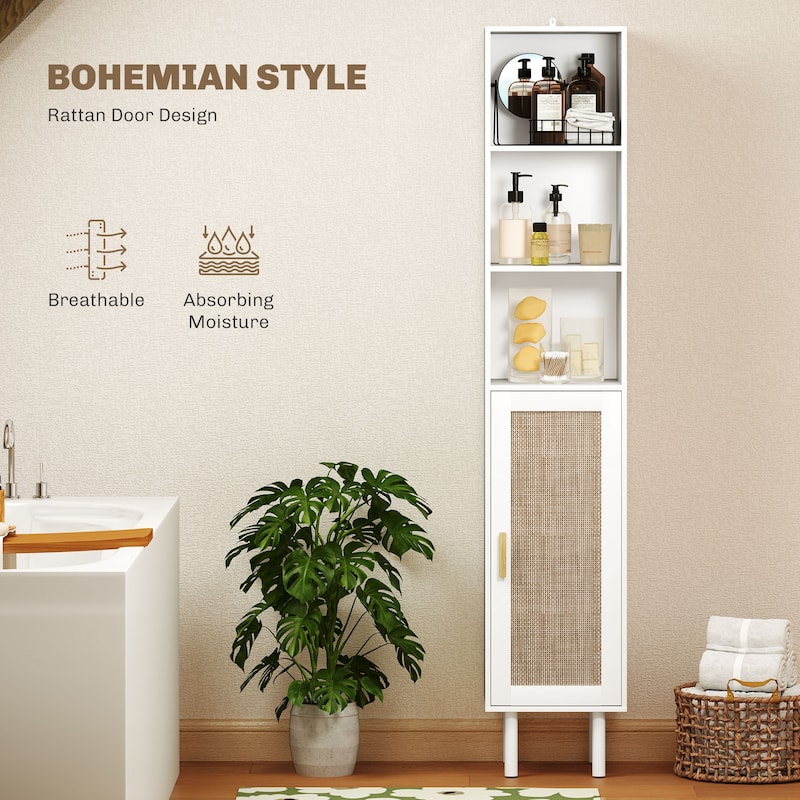 Rattan Bathroom Cabinet with Adjustable Shelf and Open Shelves - 12.6" W x 11.8" D x 66.9" H