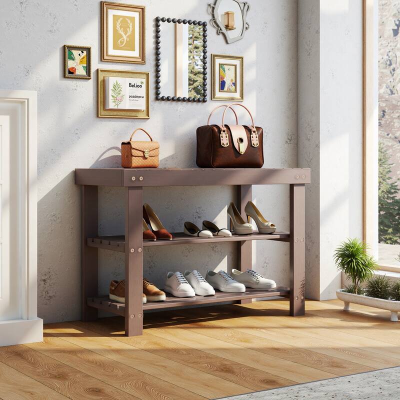 3-Tier Bamboo Shoe Rack Bench with Storage, Black, Brown, Wood