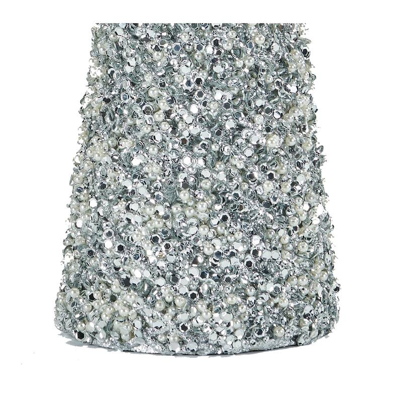 17.7" Glitter Bead And Sequin Artificial Tabletop Christmas Tree, Silver - 17.7