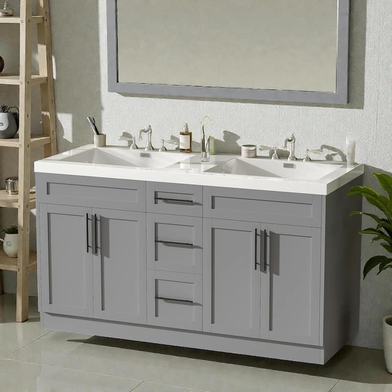 59.3" Double Sink Bathroom Vanity with SMC Top, MDF Cabinet with Solid Wood Frame & Soft-Close Doors