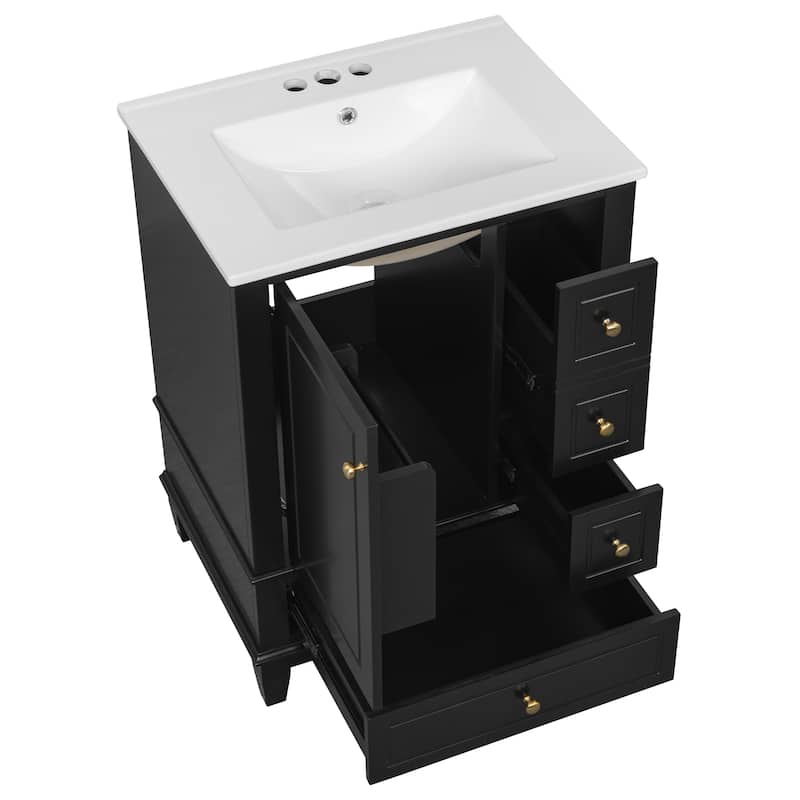 24" Bathroom Vanity With Sink And Drawers, Freestanding Vanity Cabinet With Ceramic Top And Storage Shelves, Modern Sink Cabinet