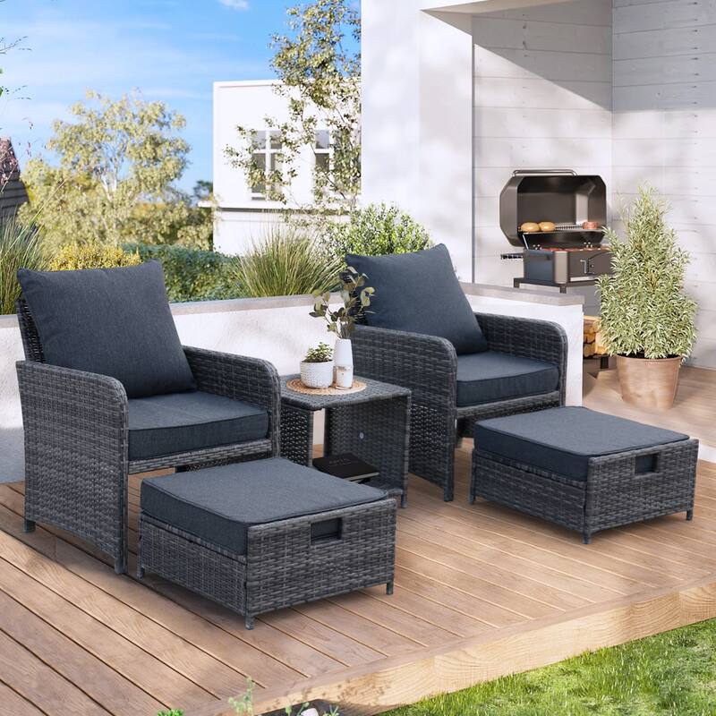 5-Piece Wicker Patio Chair Set with Ottomans and Coffe Table - Grey