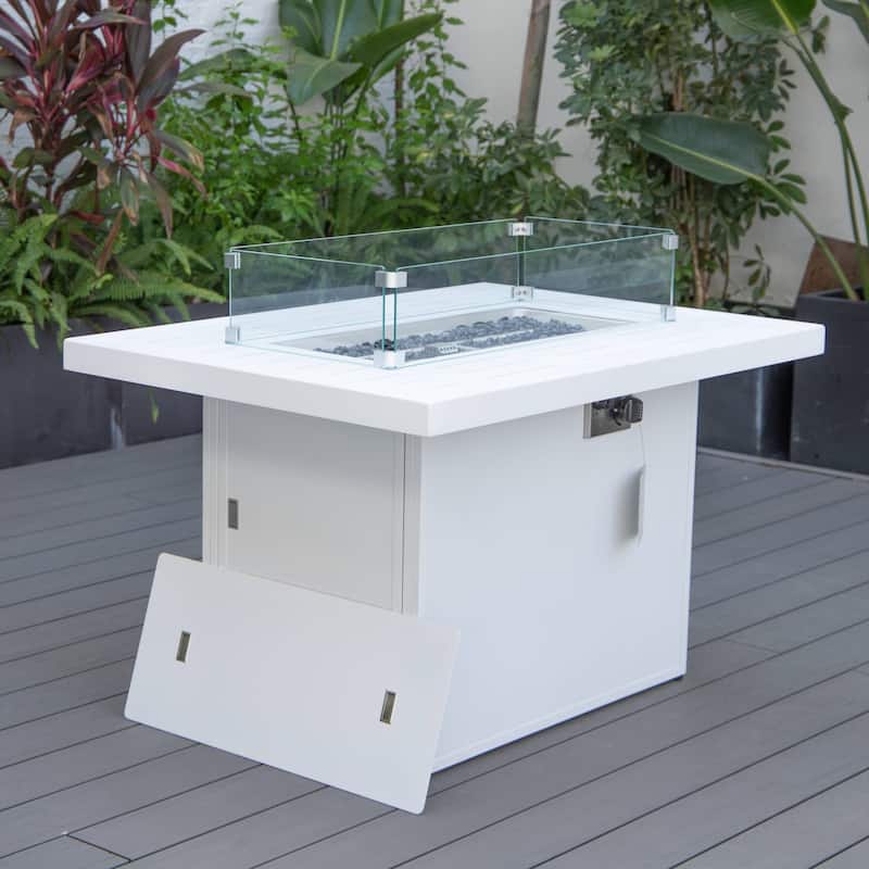 LeisureMod Chelsea 44" Modern 55000 BTU Propane Patio Fire Pit Table with Wind Guard for Porch Backyard Garden Decor