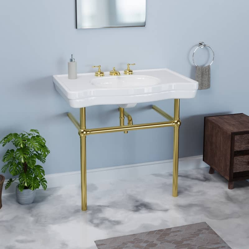 Belle Epoque White Bathroom Console Sink with Brass Bistro Legs and Widespread Faucet Holes
