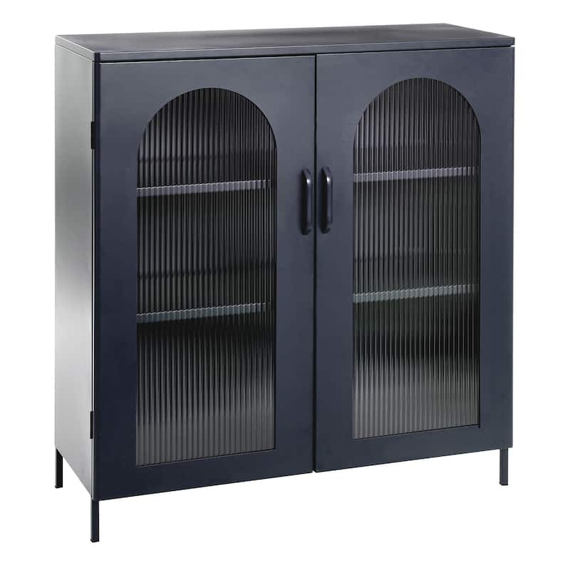 Metal Cabinet with 2 Arched Glass Doors - Black