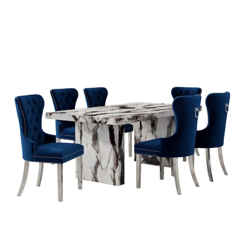 Roundhill Furniture Cavira 7-Piece Modern Faux Marble Dining Set