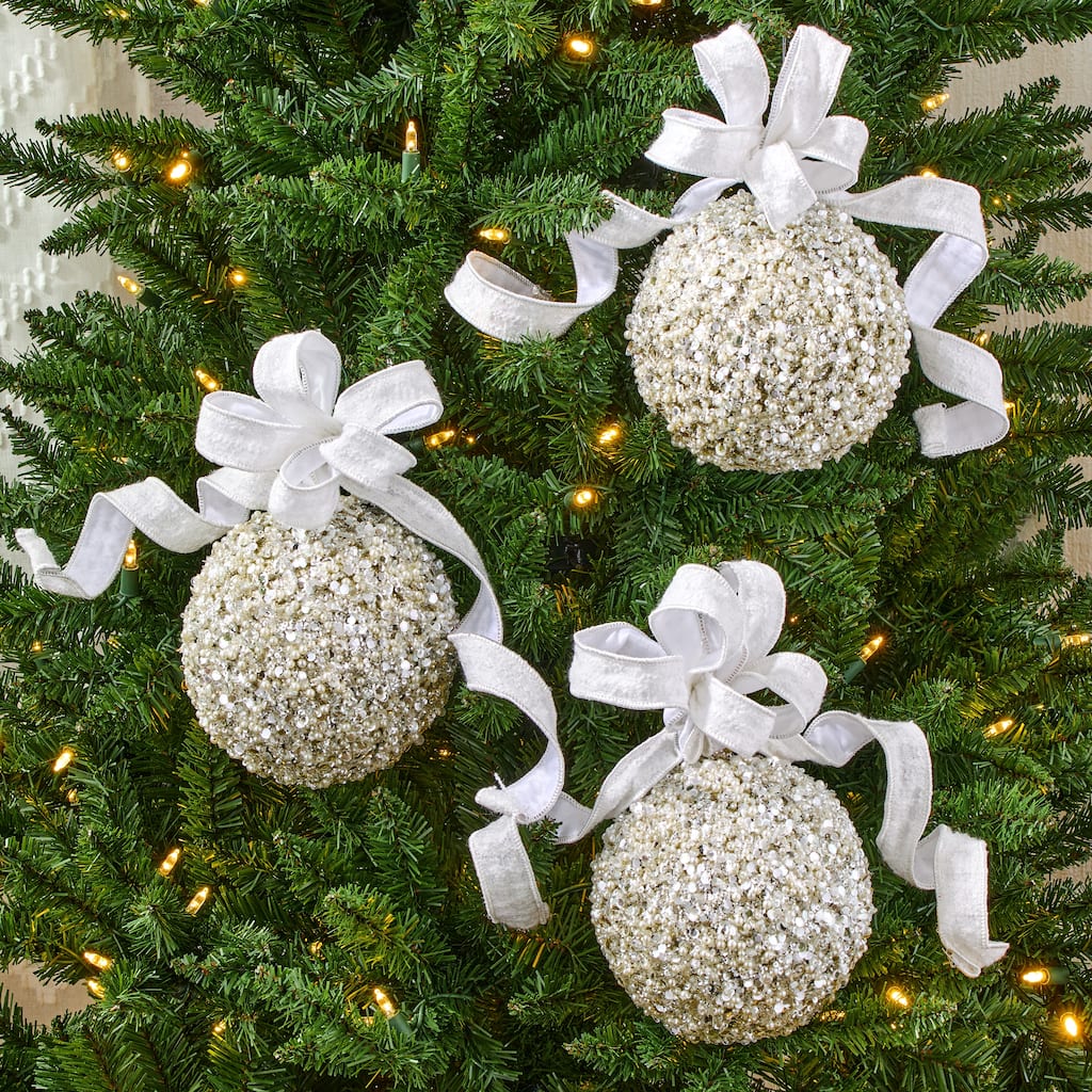 6" Glitter With Pearl Patterned Ball Ornament Set of 3