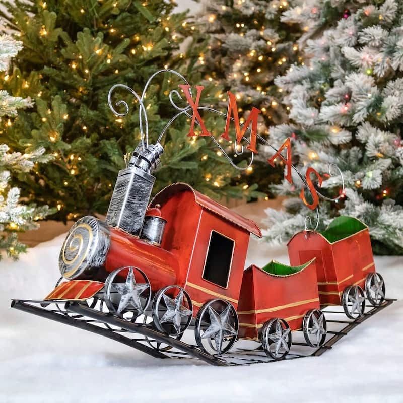 Metal Christmas Train with 2 Carts on Track "X-M-A-S" - Iron