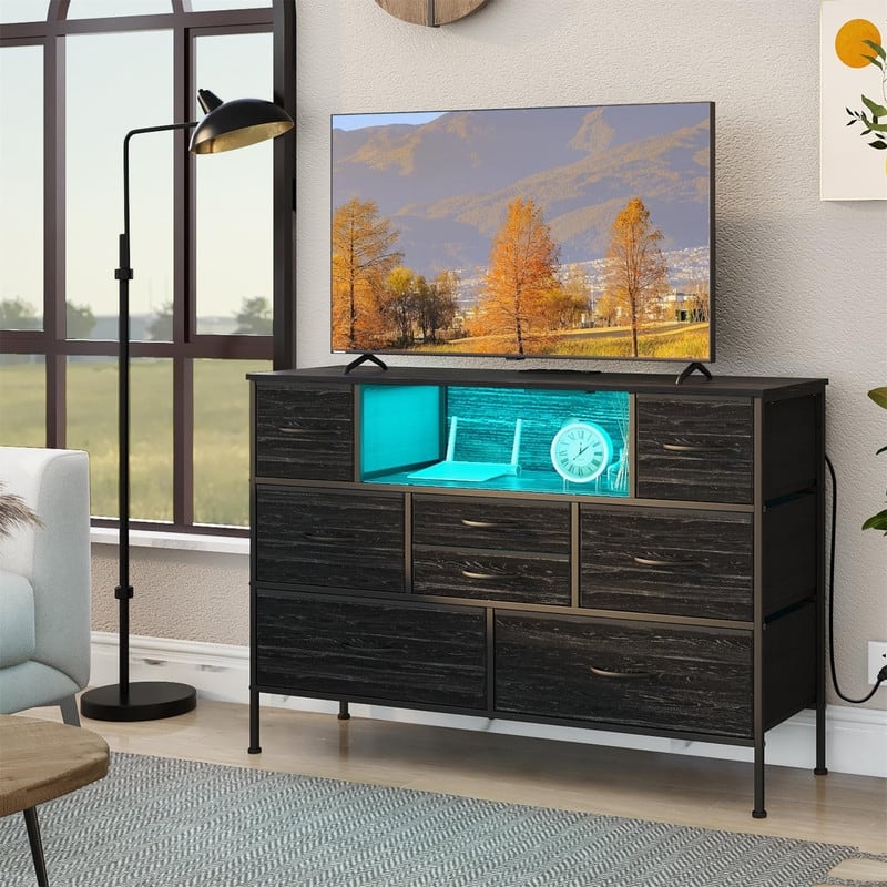 Wide Dresser with Charging Station and LED Light