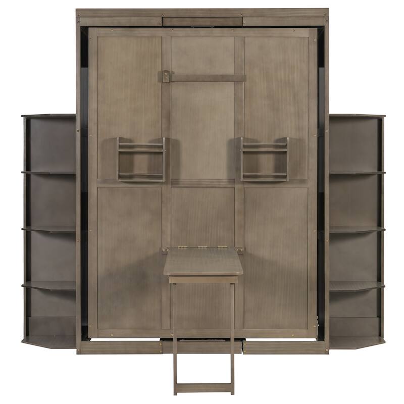 Rotating Queen Size Murphy Bed Foldable Bed Frame with Hidden Wall Cabinet, Side Shelves, Convertible Desk and Bookshelves