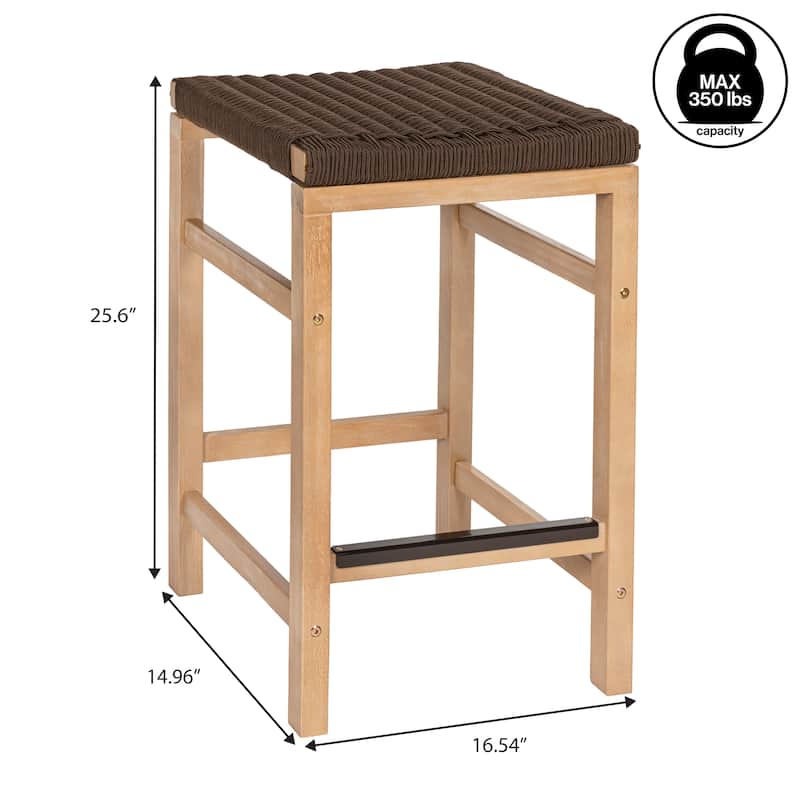 Armand Backless Acacia Wood Outdoor Stool with Woven Rope Seat, (Set of 2)