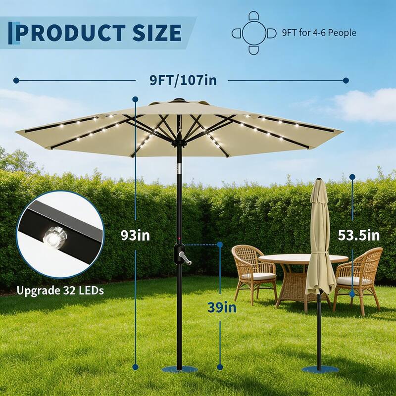 9 ft Patio Umbrella, 8 Sturdy Ribs, with Lights