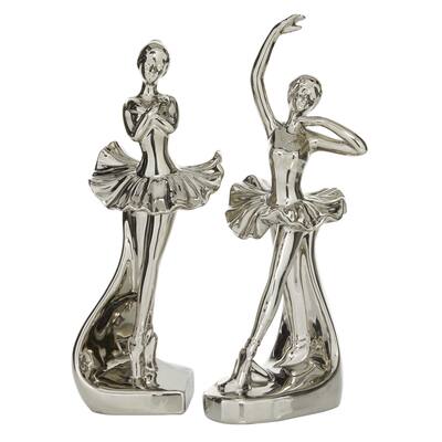 Porcelain Ceramic Dancer Decorative Sculpture - Set of 2 Silver - Roche River Decor