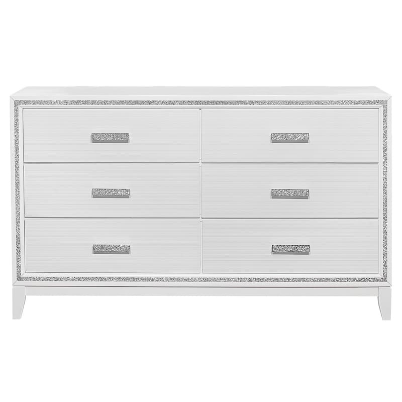 HomeRoots 63" White And Silver Faux Crystal Bling Wood Six Drawer Double Dresser