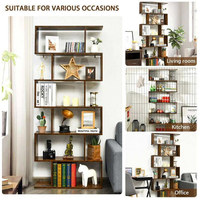 Gymax 6 Tier S-Shaped Bookshelf Storage Display Bookcase Decor Z-Shelf - 31.5'' x 9'' x 75''
