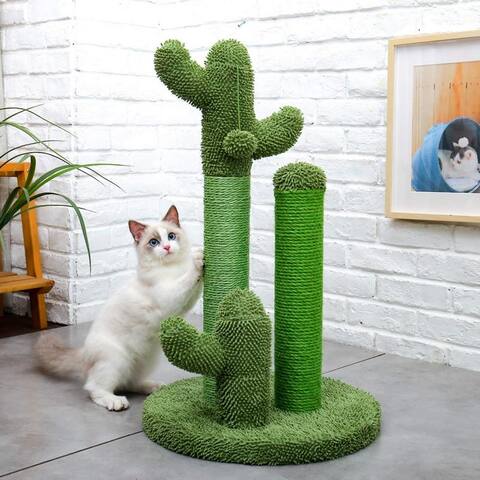 Cat Scratching Post Cactus Cat Scratcher Featuring with 3 Scratching Poles and Dangling Ball - Green