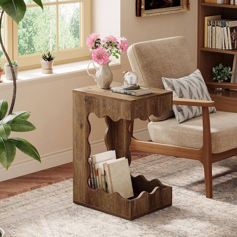 Narrow End Table, 2-Tier C-Shaped Side Table for Living Room, Farmhouse Nightstand for Bedroom, Next to Sofa Armchair