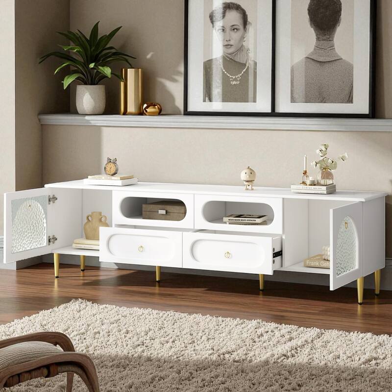 78.8" Retro Entertainment Center Media Console, 6 Metal Legs, Glass Display Doors, 2 Cabinets, 4 Drawers, for 85" TV