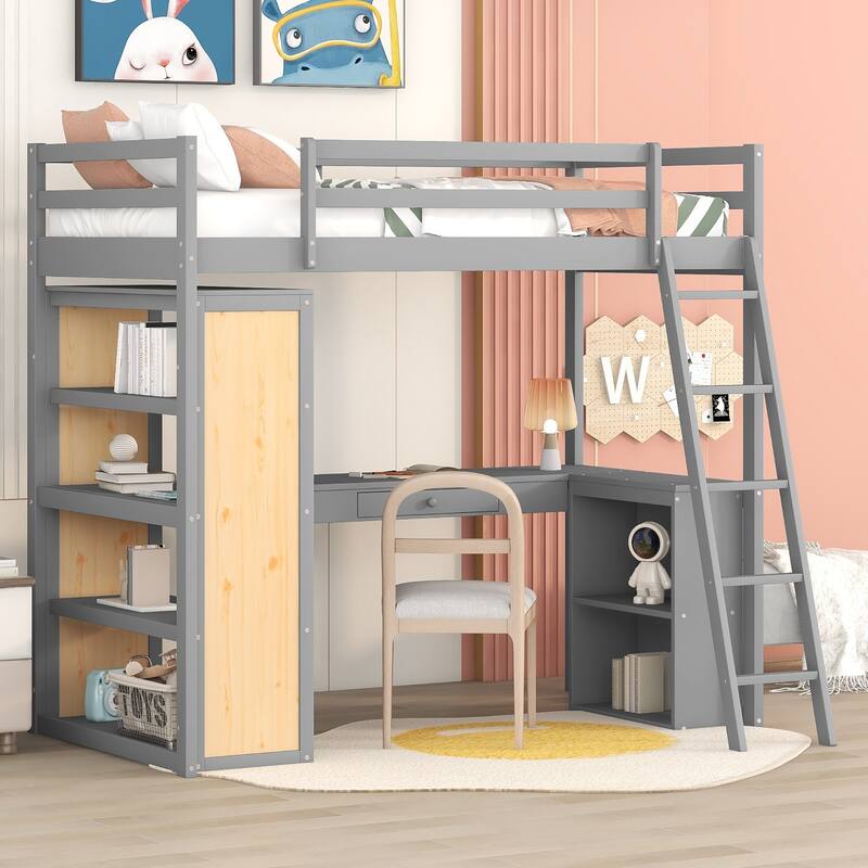 Twin Size Loft Bed with Ladder, Shelves, and Desk