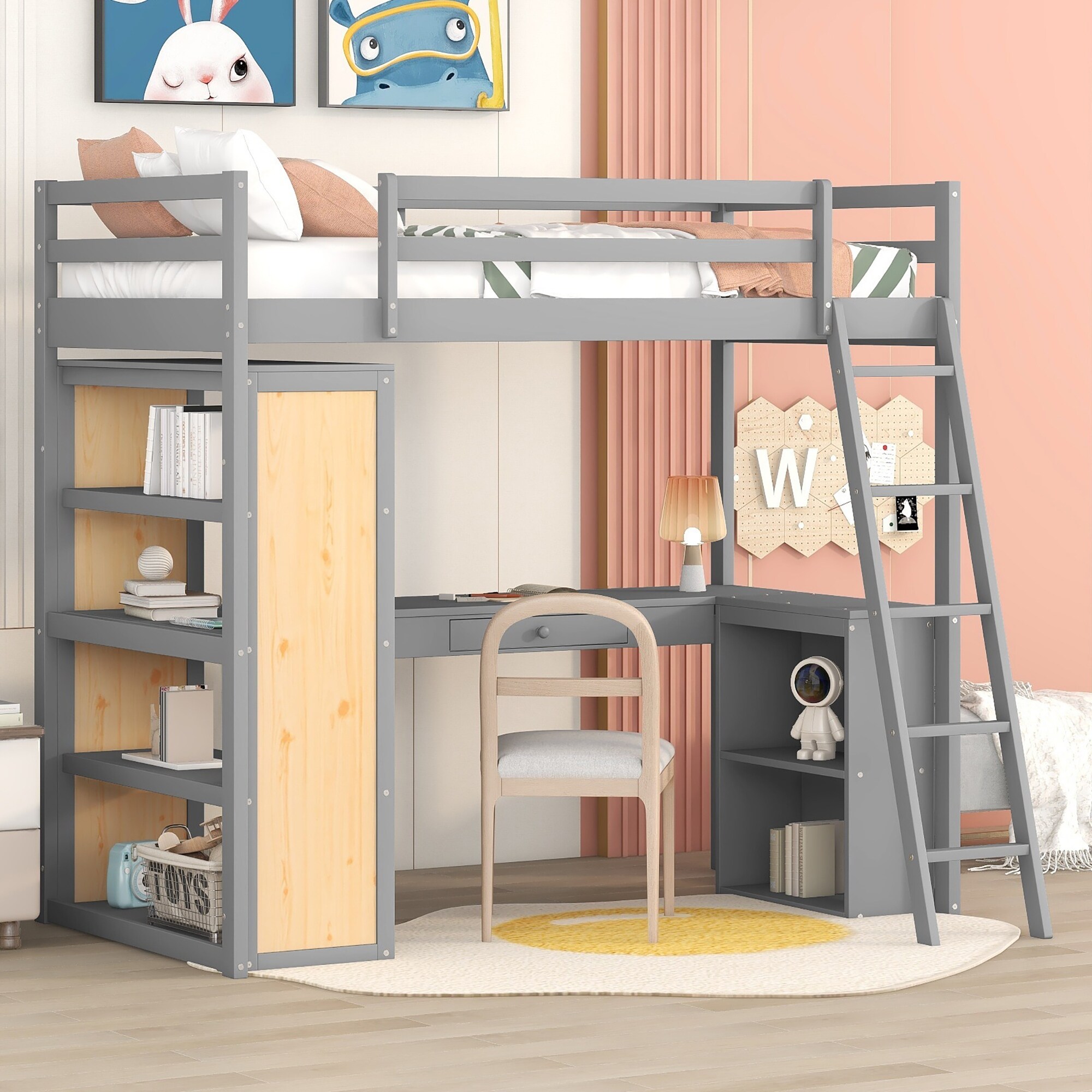 Wooden Student Loft Bed with 4 Tier Shelves and L Shaped Desk Bed Bath Beyond 39139140