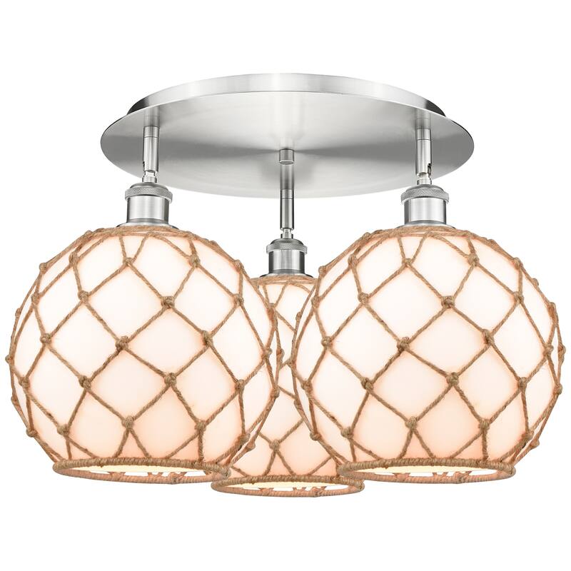 Innovations Lighting Endless Possibilities Ballston - Farmhouse Rope - 3 Light 22" Flush Mount - White Glass with Brown Rope/Satin Nickel