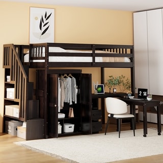 Space-Saving Multifunctional Loft Bed with Wardrobe, Stairs, Bookshelf, Drawers, Desk for Kids & Teens, Twin Size, Espresso