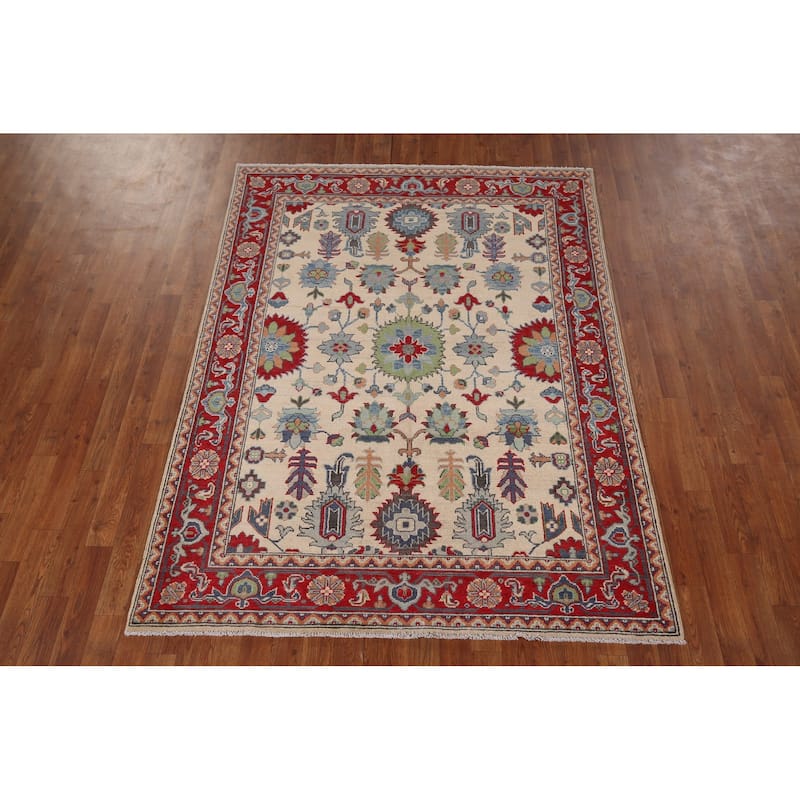 Geometric Kazak Area Rug Hand-Knotted Traditional Wool Carpet - 4'11" x 6'8"